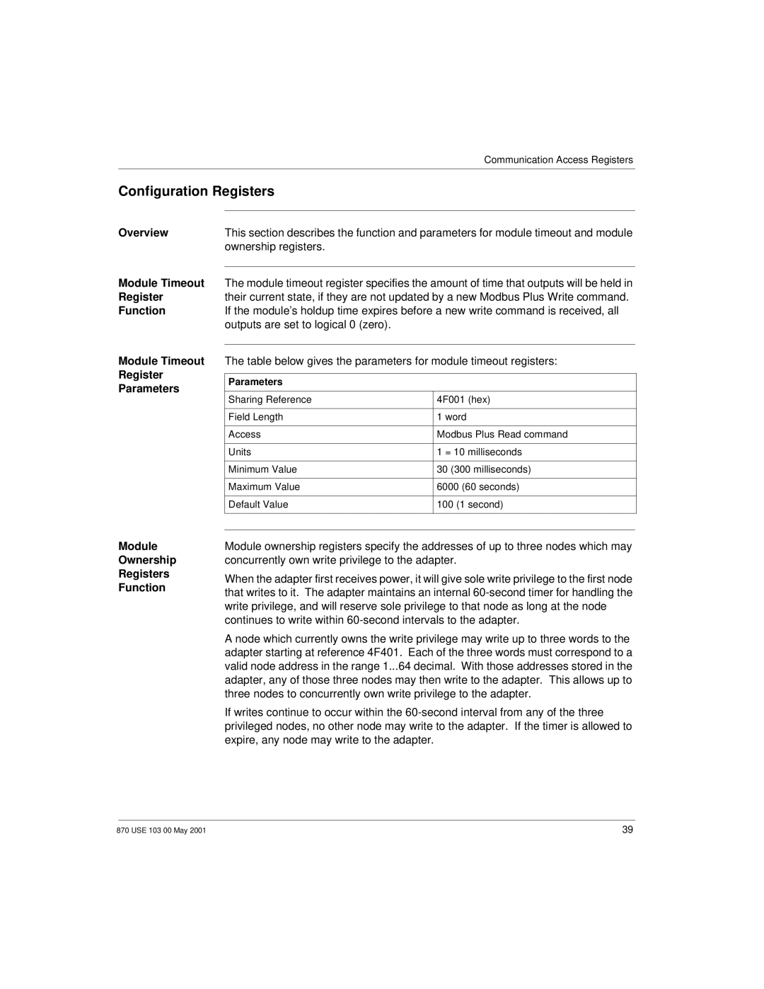 Momentum Sales & Marketing 170 PNT Series manual Configuration Registers, Module Timeout, Parameters 