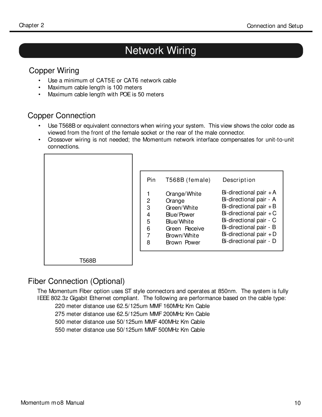 Momentum Sales & Marketing MO8 manual Network Wiring, Copper Wiring, Copper Connection, Fiber Connection Optional 