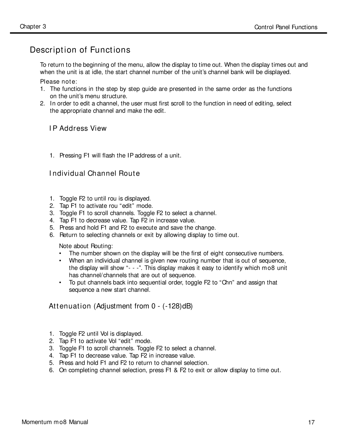 Momentum Sales & Marketing MO8 manual Description of Functions 