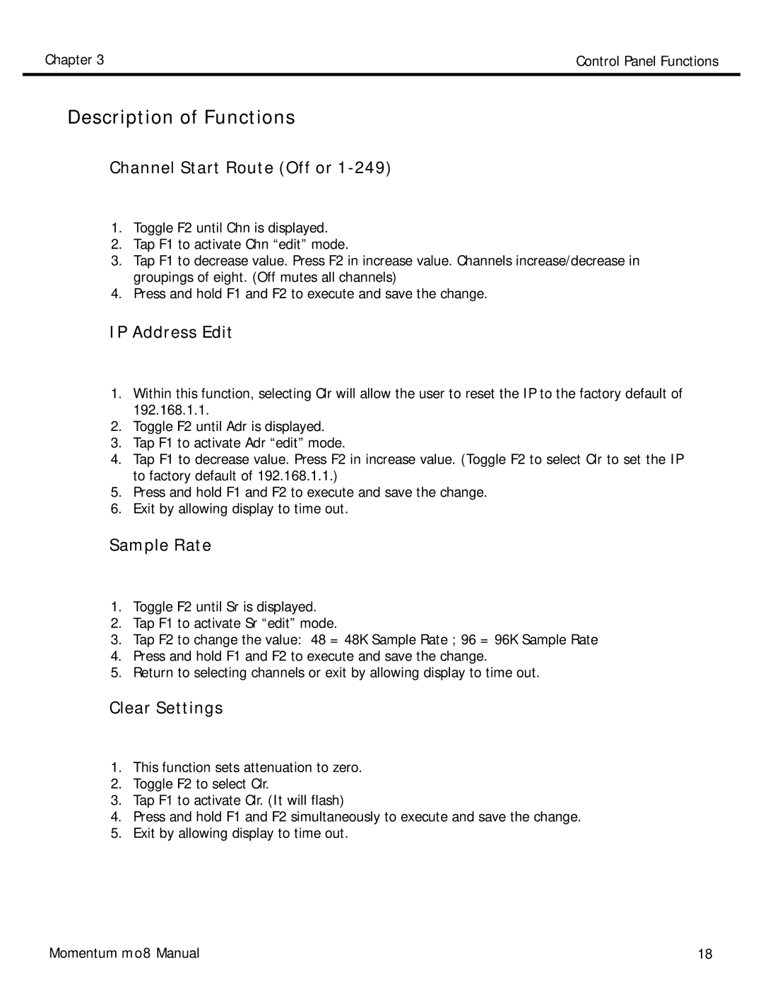 Momentum Sales & Marketing MO8 manual Channel Start Route Off or 