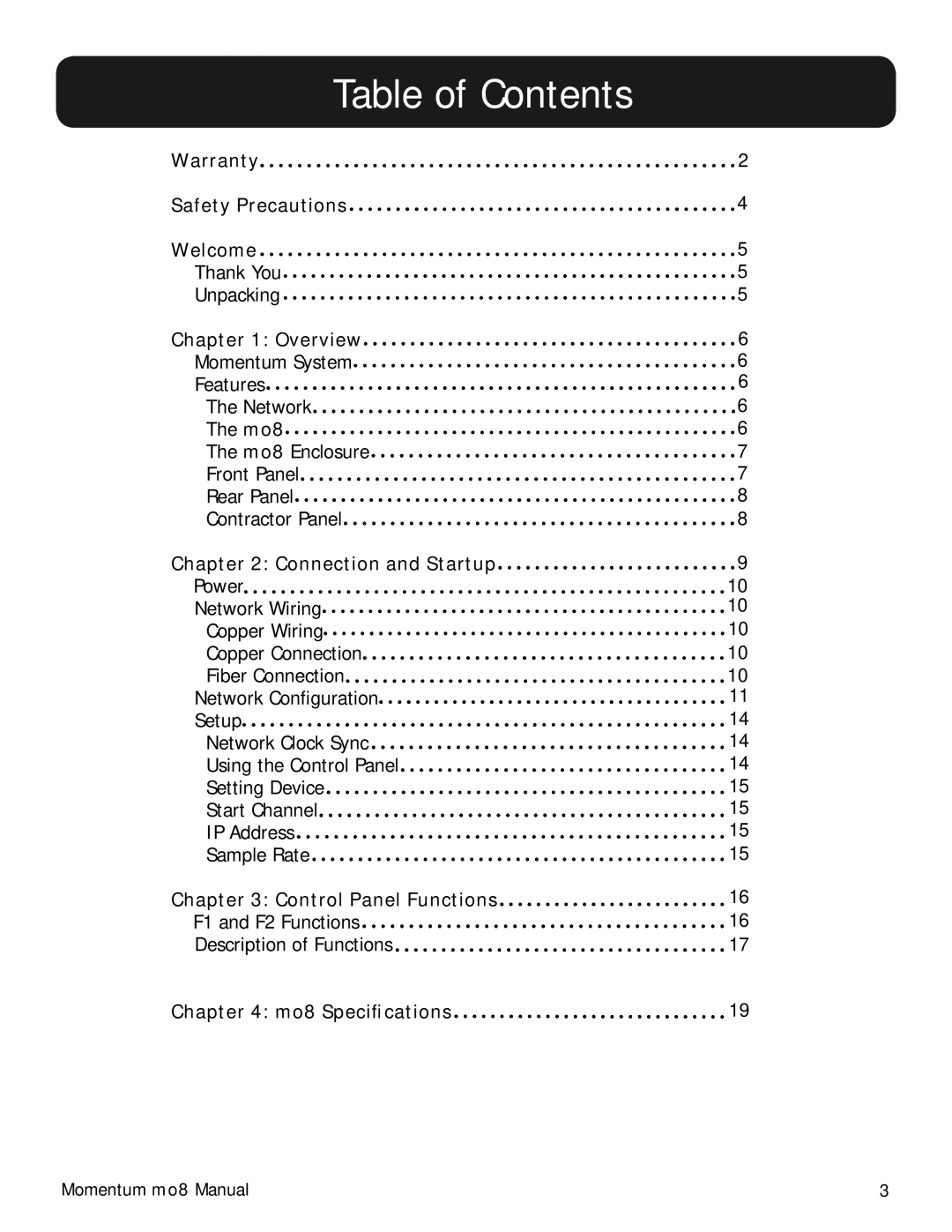 Momentum Sales & Marketing MO8 manual Table of Contents 