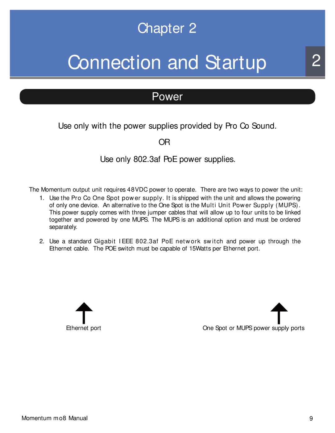 Momentum Sales & Marketing MO8 manual Connection and Startup, Power 