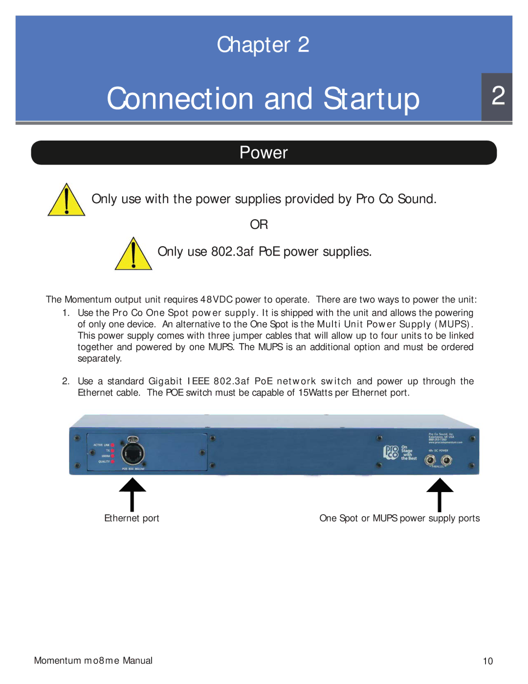 Momentum Sales & Marketing MO8ME manual Connection and Startup, Power 