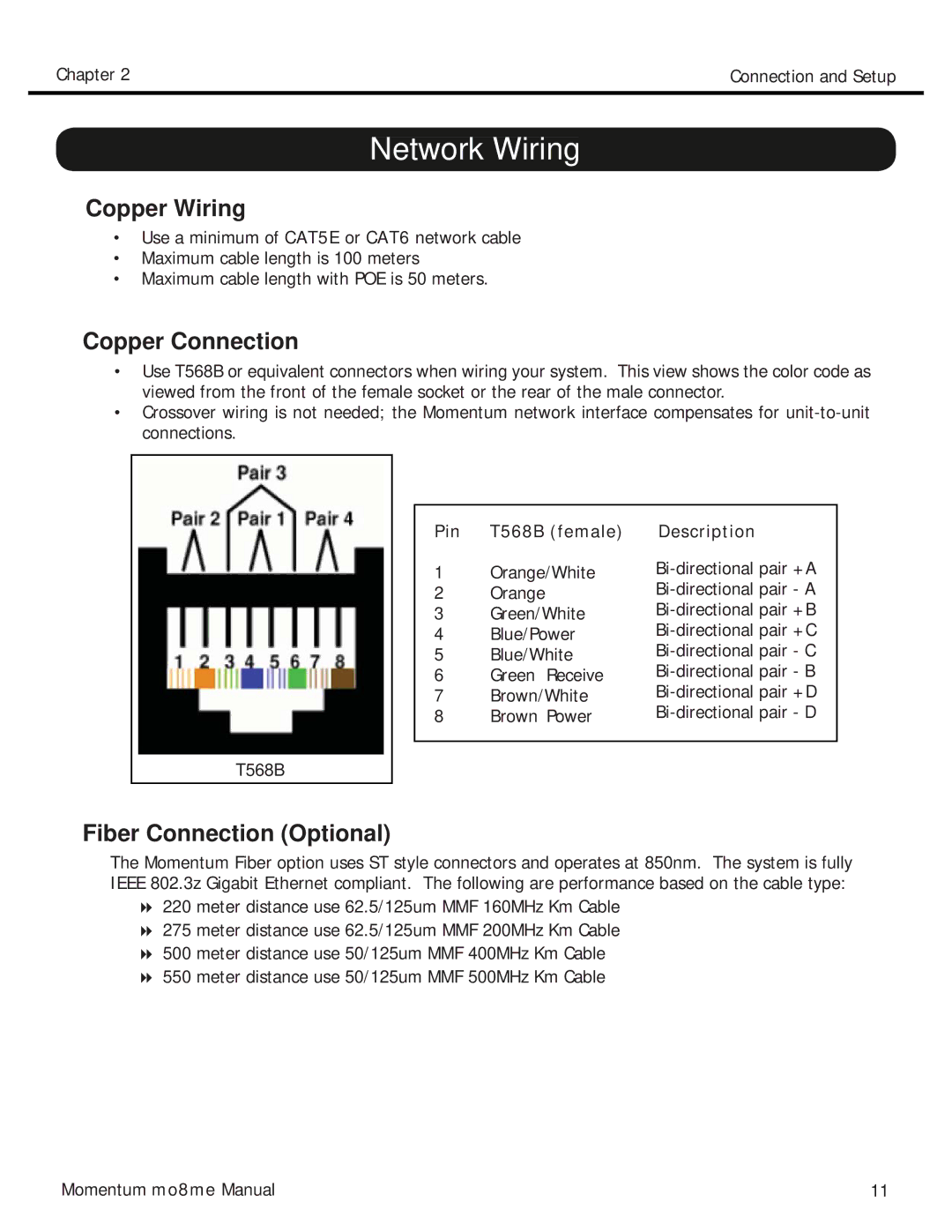 Momentum Sales & Marketing MO8ME manual Network Wiring, Pin T568B female, Description 