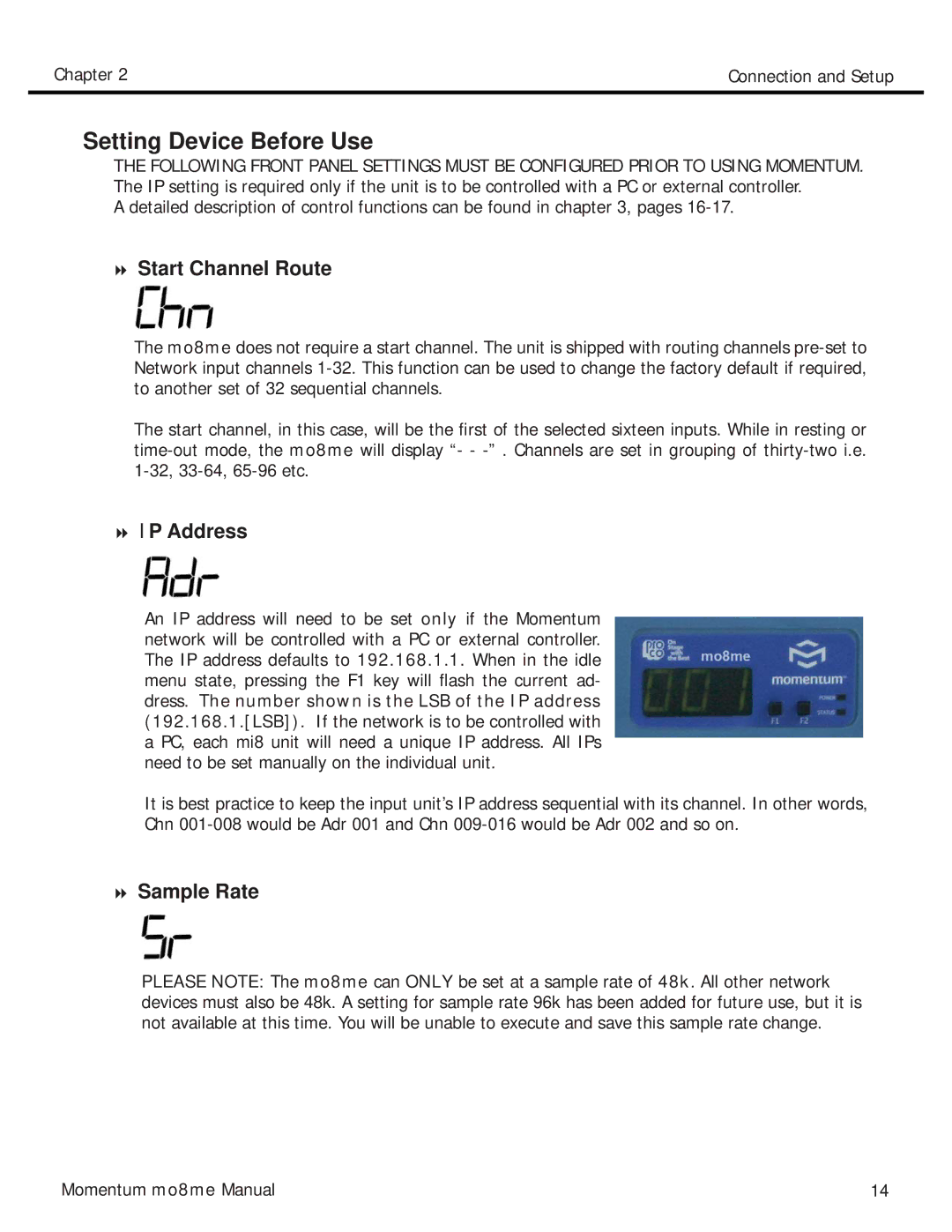 Momentum Sales & Marketing MO8ME manual Setting Device Before Use 