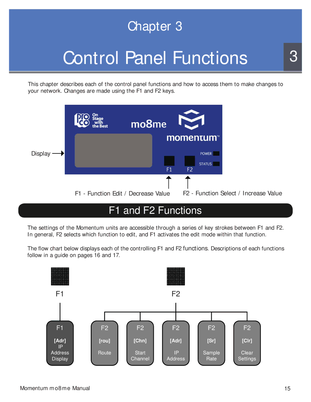 Momentum Sales & Marketing MO8ME manual Control Panel Functions, F1 and F2 Functions 