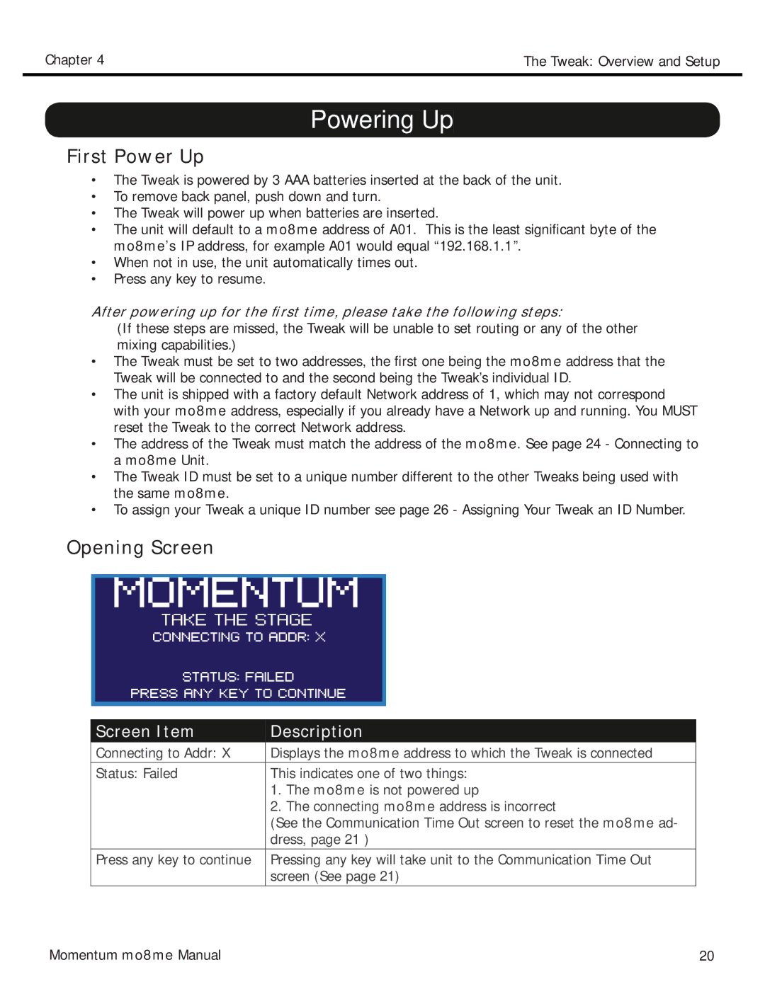 Momentum Sales & Marketing MO8ME manual Powering Up, First Power Up, Opening Screen 