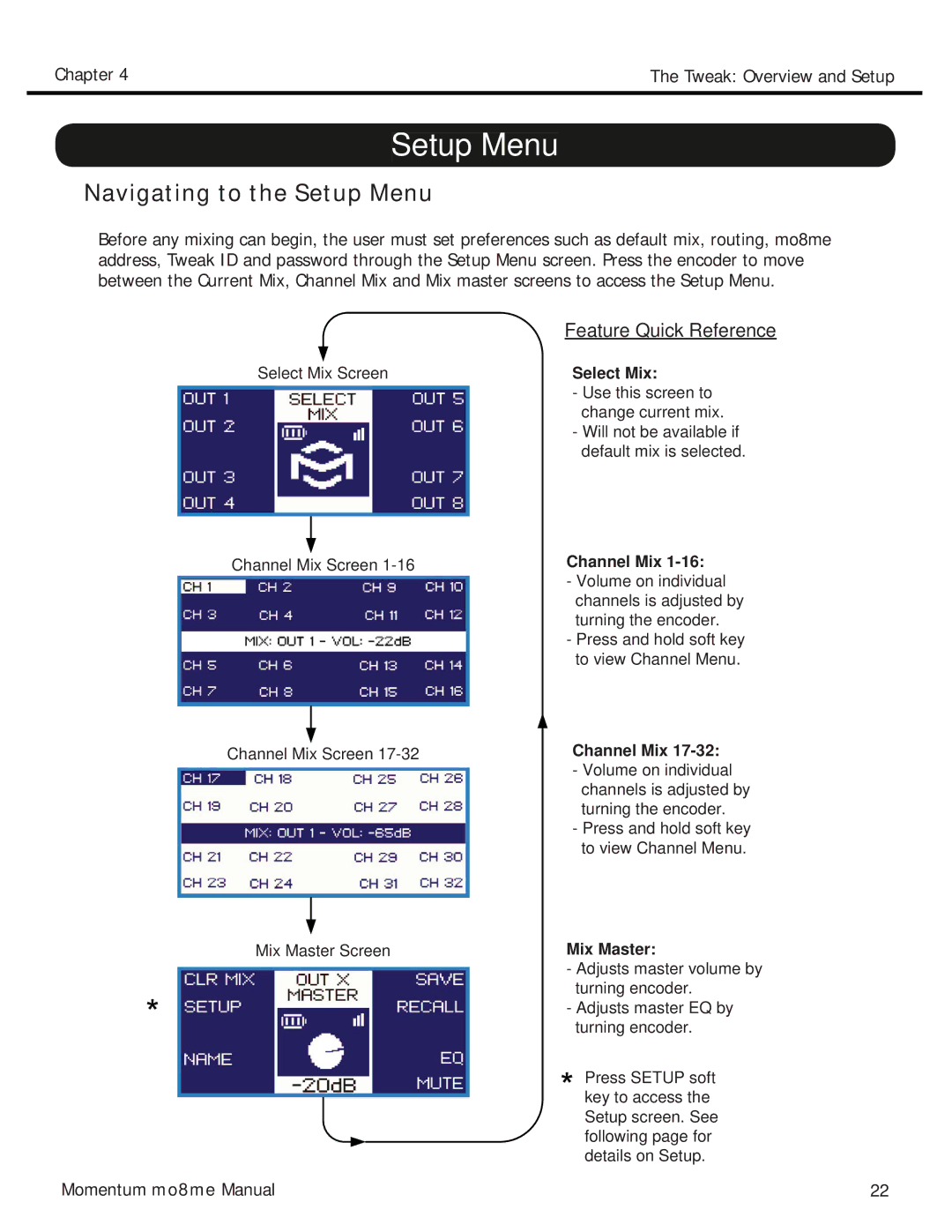 Momentum Sales & Marketing MO8ME manual Navigating to the Setup Menu 