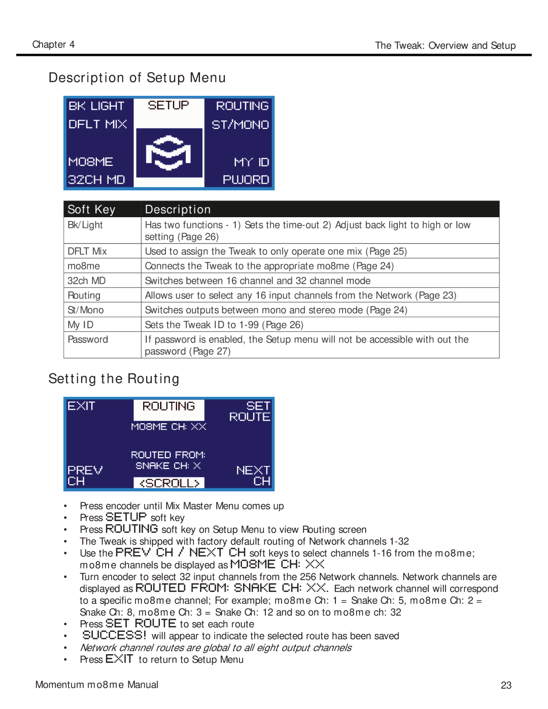 Momentum Sales & Marketing MO8ME manual Description of Setup Menu, Setting the Routing 