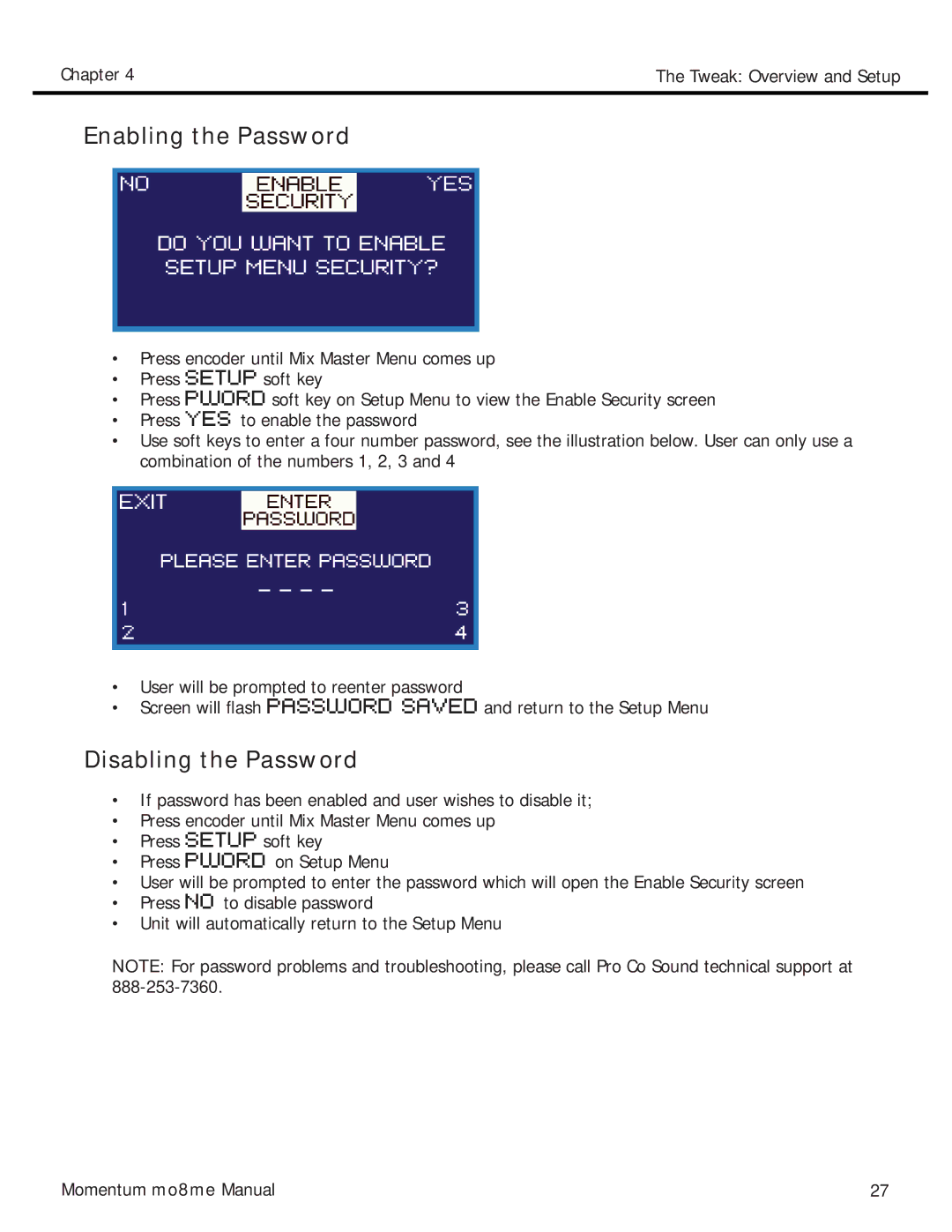 Momentum Sales & Marketing MO8ME manual Enabling the Password, Disabling the Password 