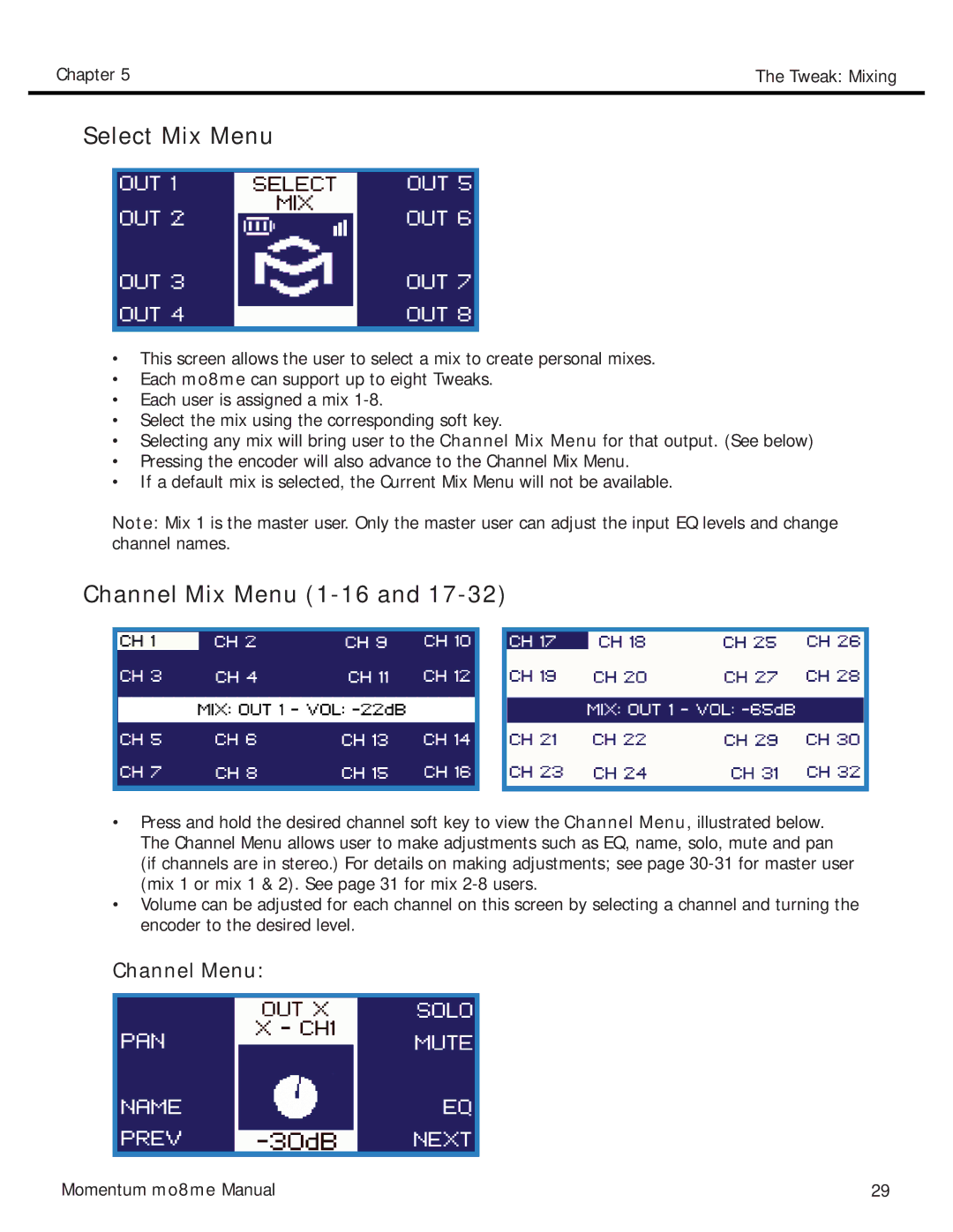 Momentum Sales & Marketing MO8ME manual Select Mix Menu, Channel Mix Menu 1-16 