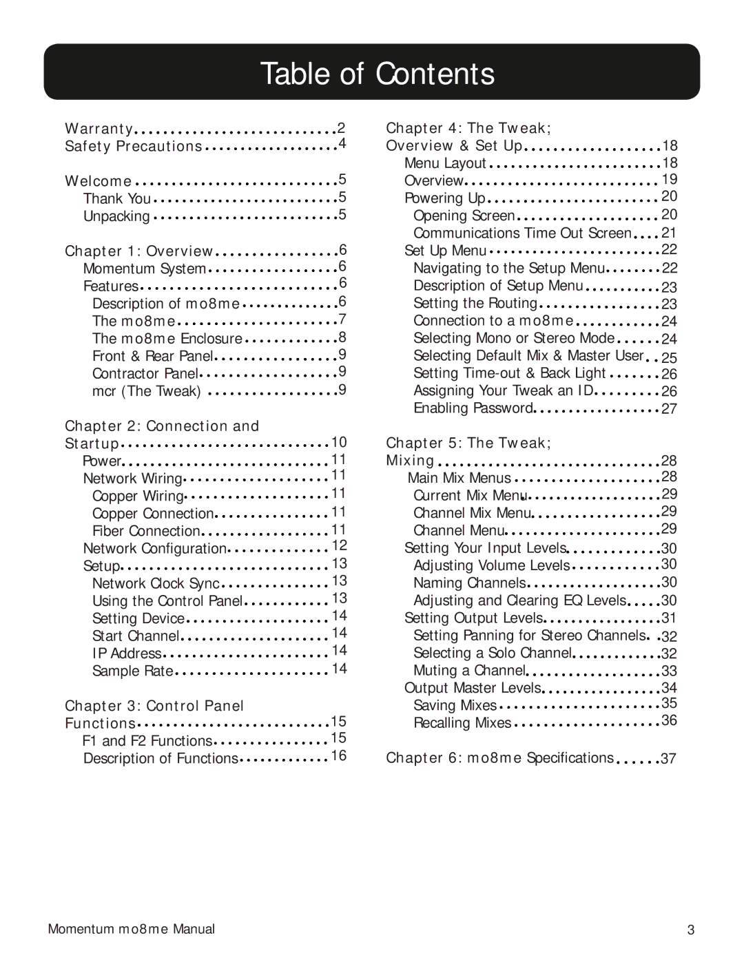 Momentum Sales & Marketing MO8ME manual Table of Contents 