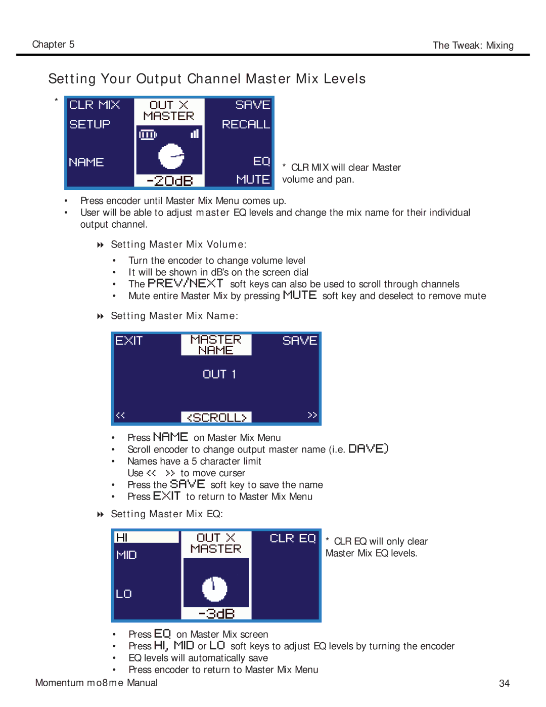 Momentum Sales & Marketing MO8ME manual Setting Your Output Channel Master Mix Levels, Setting Master Mix Volume 