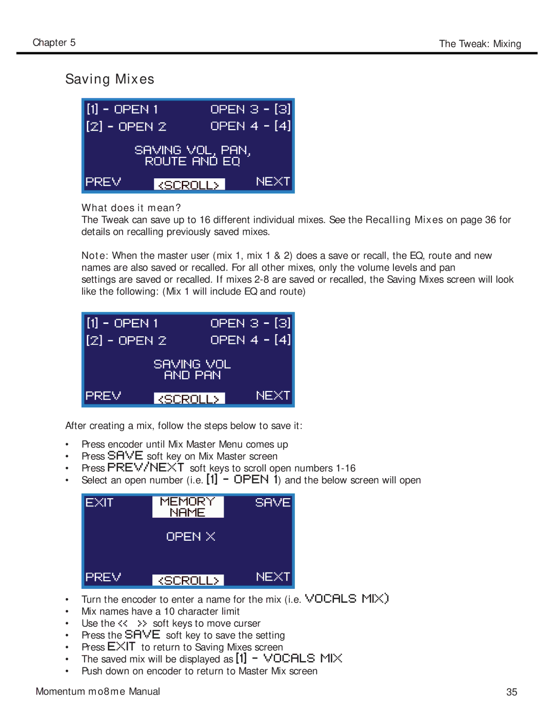 Momentum Sales & Marketing MO8ME manual Saving Mixes 