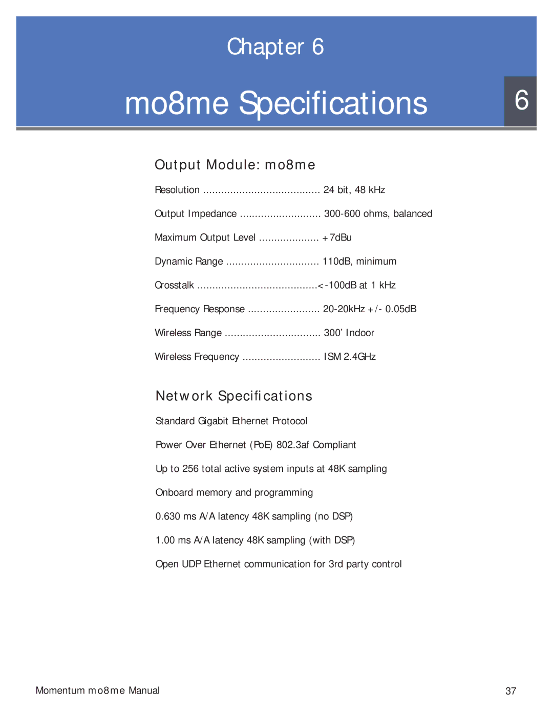 Momentum Sales & Marketing MO8ME manual Output Module mo8me, Network Speciﬁcations 