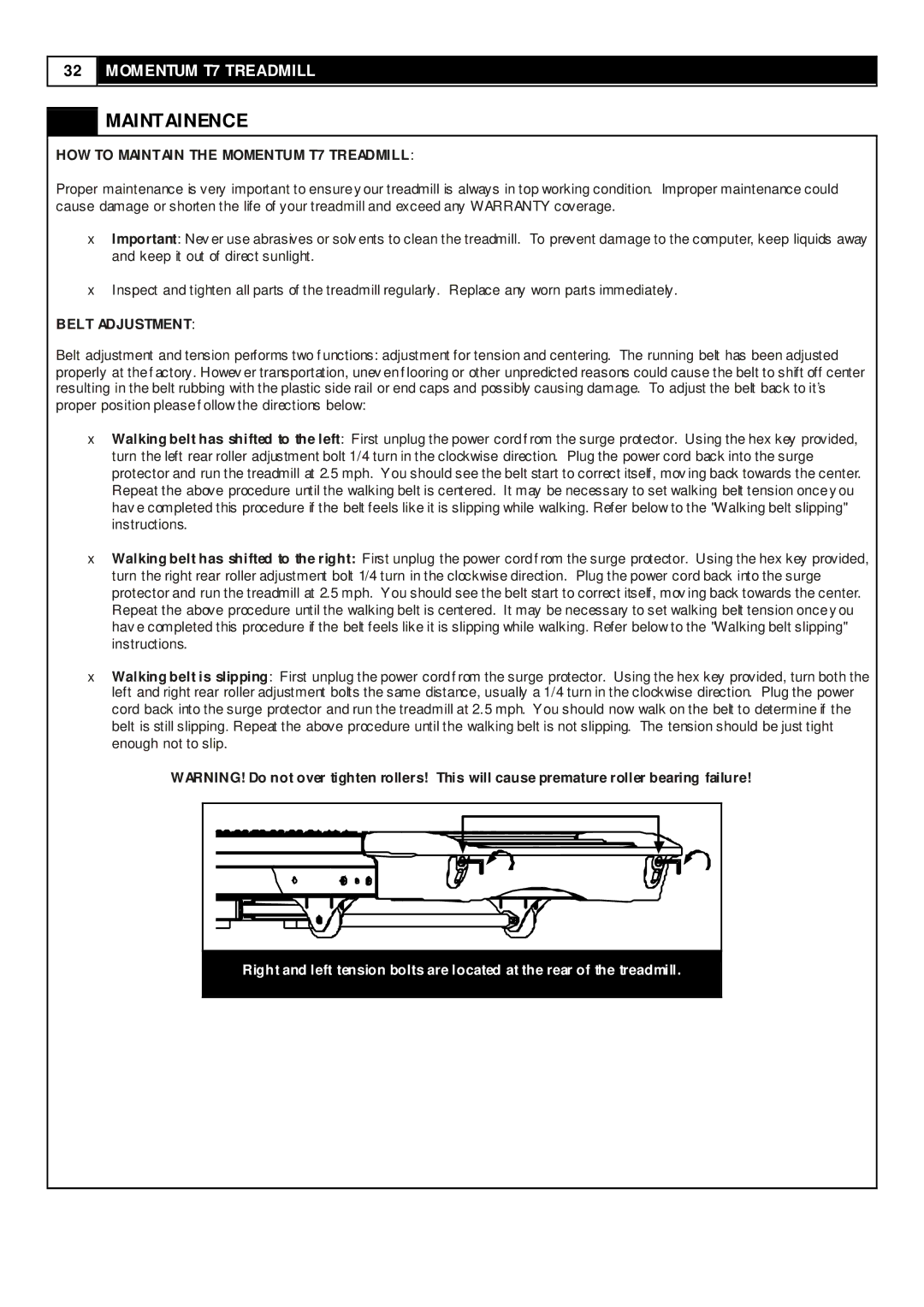 Momentum Sales & Marketing user manual Maintainence, HOW to Maintain the Momentum T7 Treadmill, Belt Adjustment 