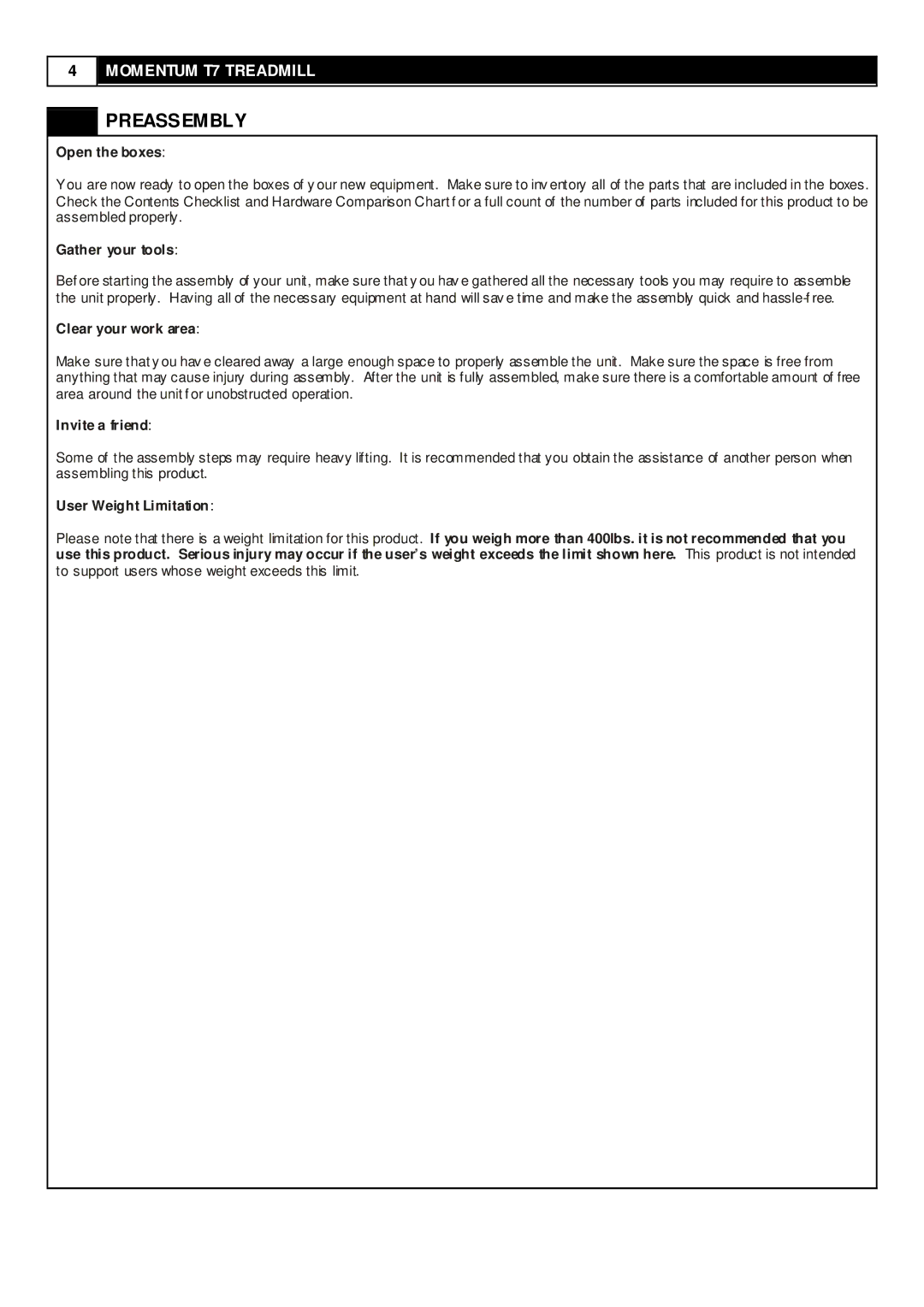 Momentum Sales & Marketing T7 user manual Preassembly 