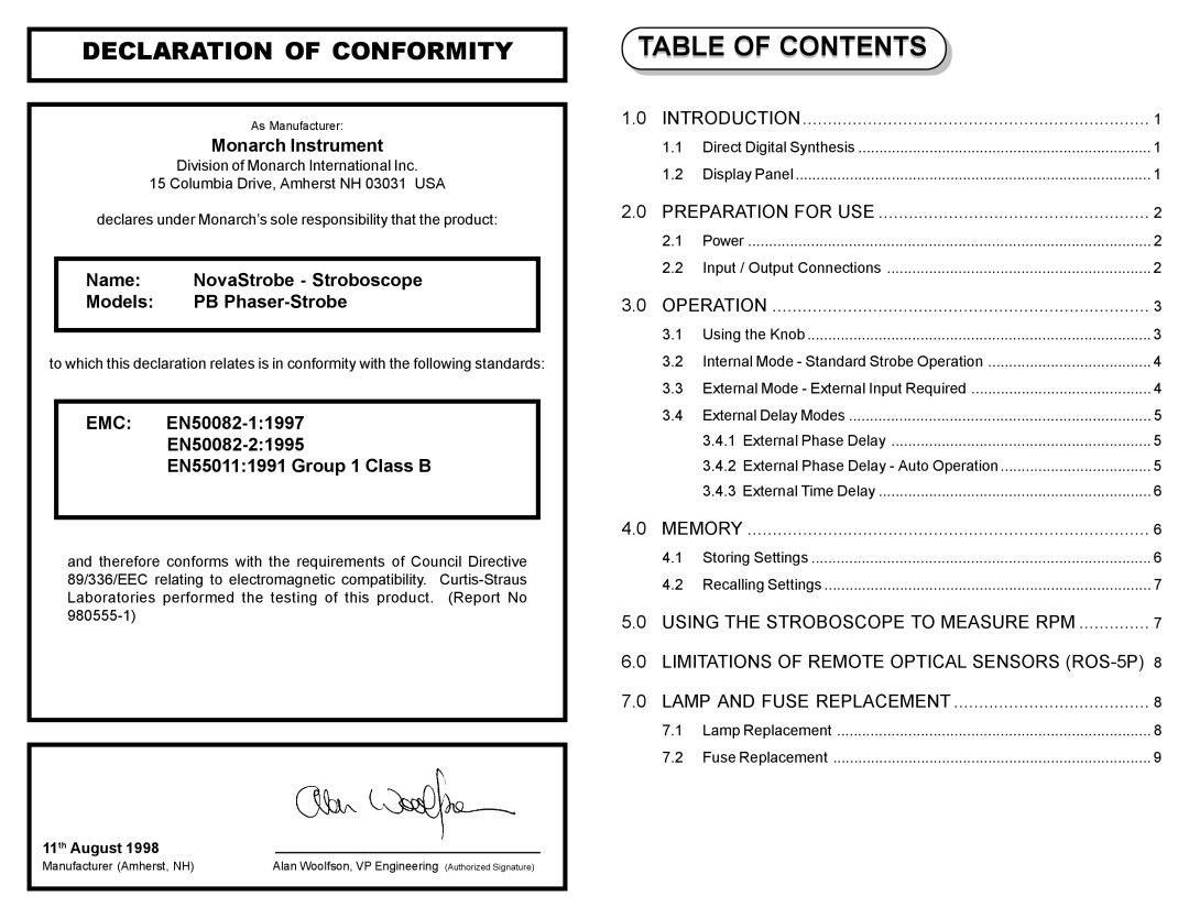 Monarch 1071-4833-121 instruction manual Table of Contents 