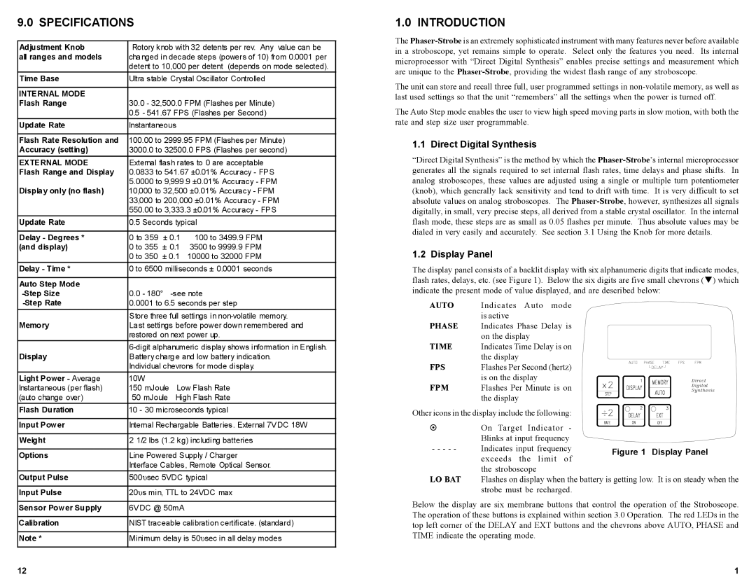 Monarch 1071-4833-121 instruction manual Specifications, Introduction, Direct Digital Synthesis, Display Panel 