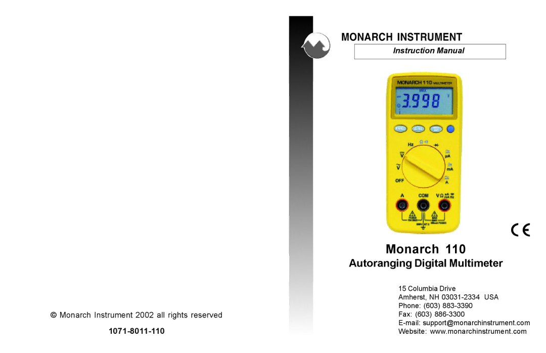 Monarch 110 instruction manual Monarch, Autoranging Digital Multimeter 