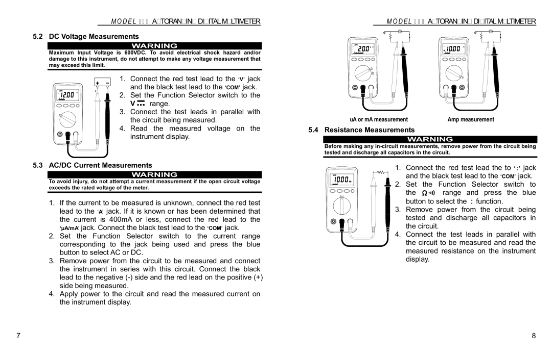 Monarch 110 instruction manual DC Voltage Measurements, AC/DC Current Measurements, Resistance Measurements 