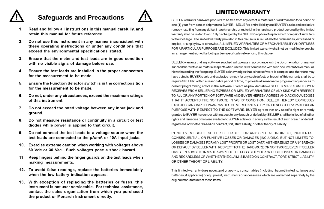 Monarch 110 instruction manual Safeguards and Precautions, Limited Warranty 