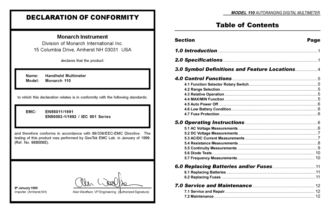 Monarch 110 instruction manual Declaration of Conformity, Table of Contents 