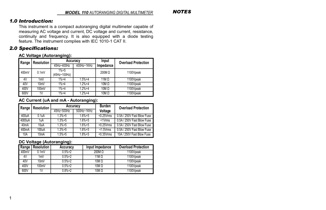 Monarch 110 instruction manual Introduction, Specifications 