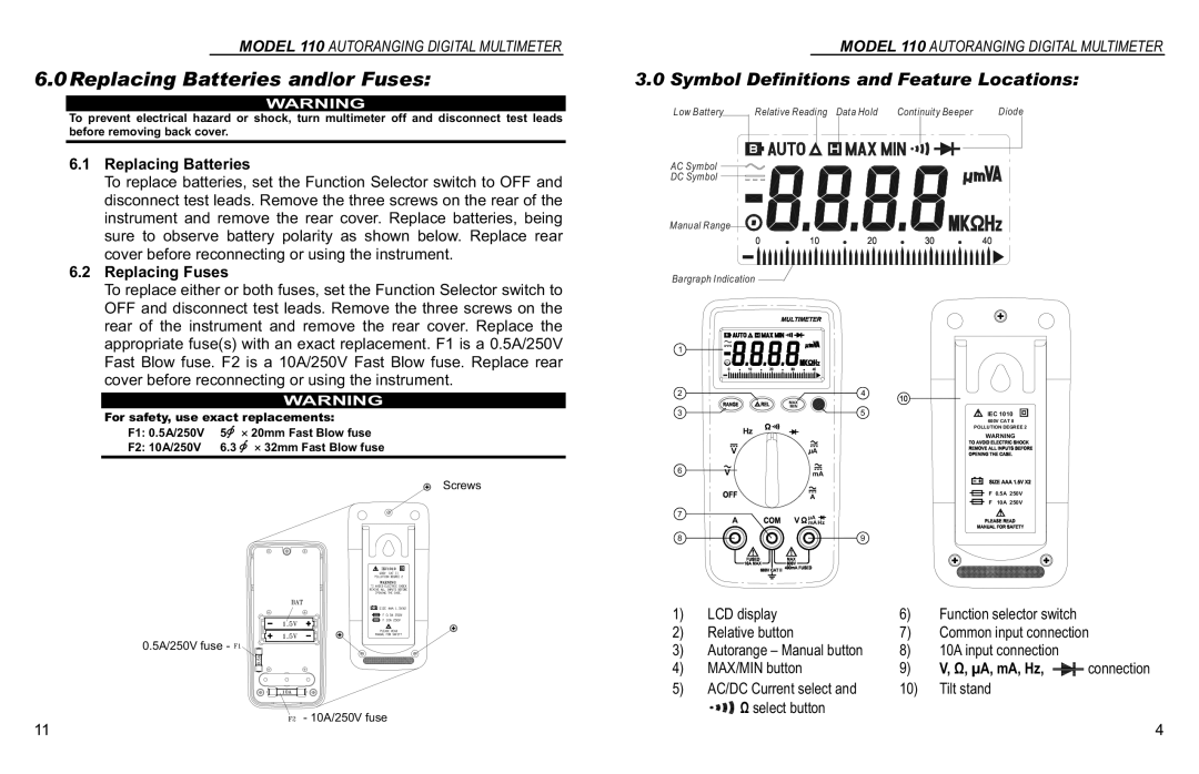 Monarch 110 instruction manual Replacing Batteries, Replacing Fuses, ΜA, mA, Hz 