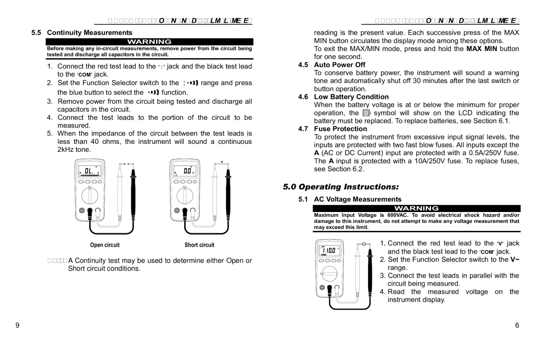 Monarch 110 instruction manual Operating Instructions, Continuity Measurements, Low Battery Condition, Fuse Protection 