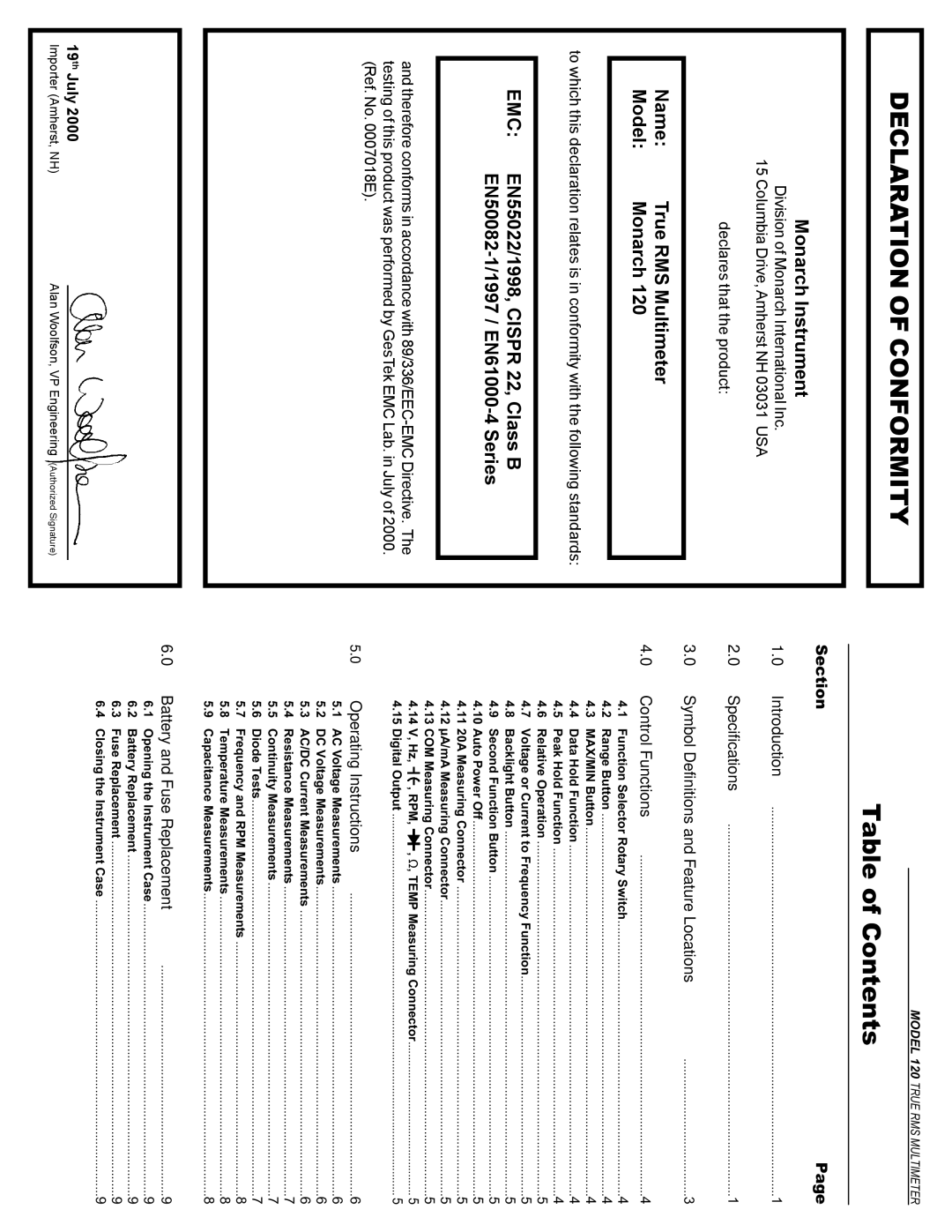 Monarch 120 instruction manual Declaration of Conformity, Table of Contents 