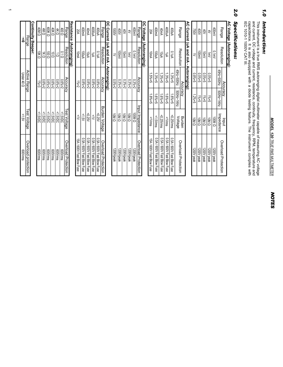 Monarch 120 instruction manual Introduction, Specifications, Range Resolution Accuracy, Continuity Beeper Range 