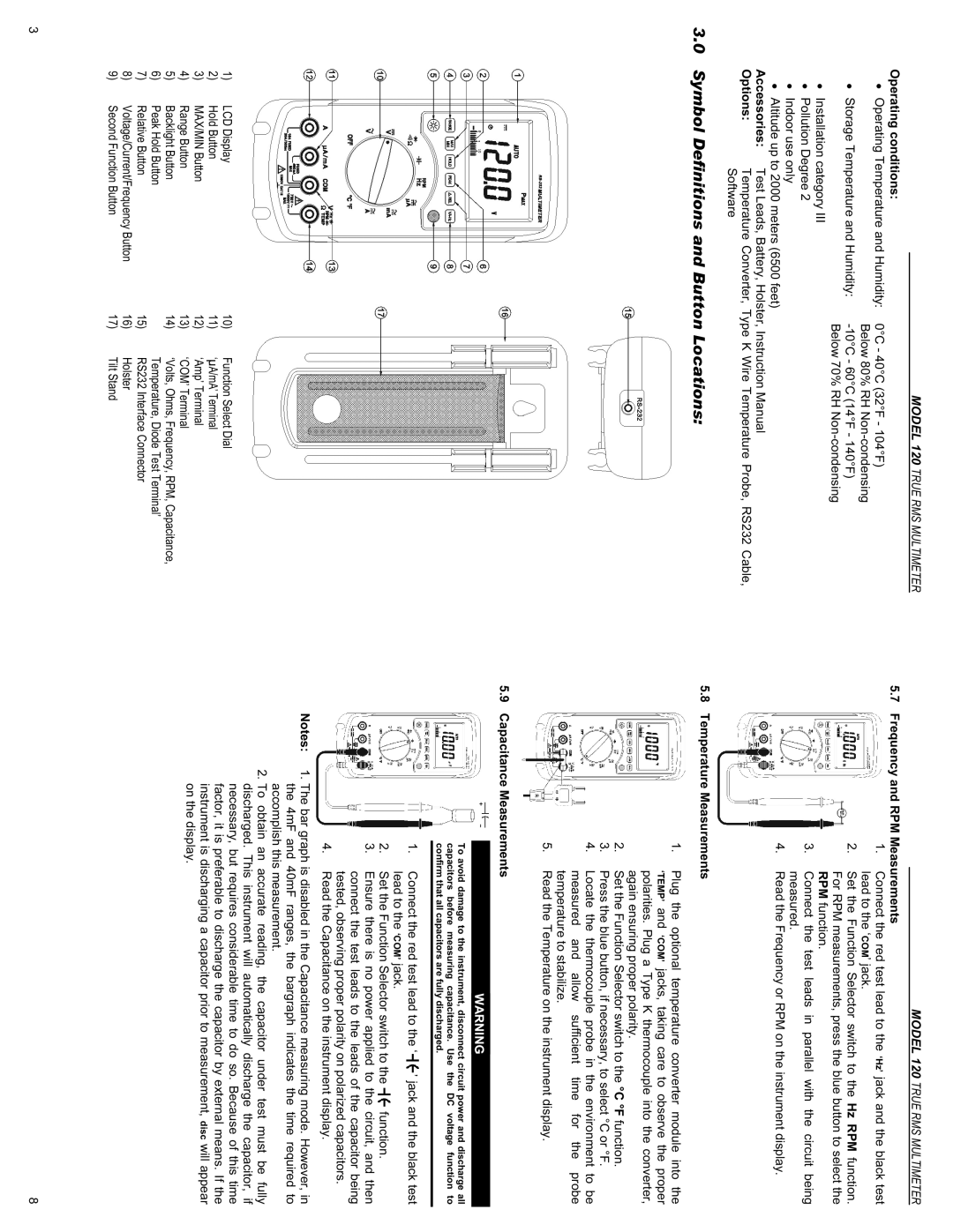 Monarch 120 Symbol Definitions and Button Locations, Operating conditions, Frequency and RPM Measurements 