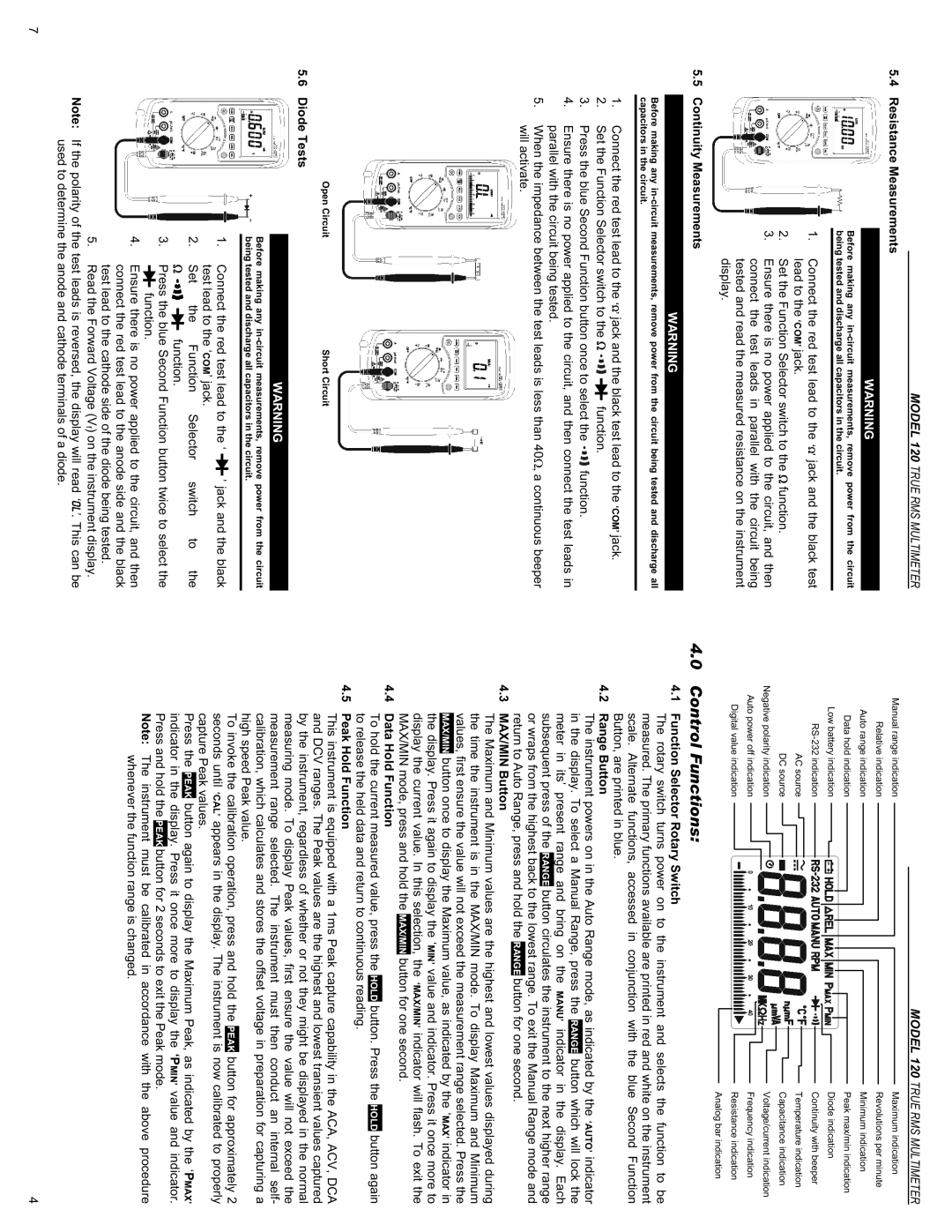 Monarch 120 Resistance Measurements, Diode Tests, Function Selector Rotary Switch Range Button, MAX/MIN Button 