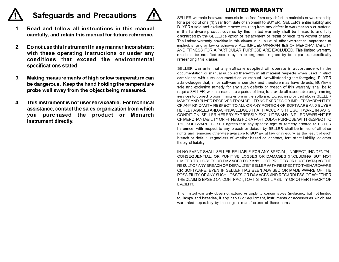 Monarch 306 instruction manual Safeguards and Precautions 