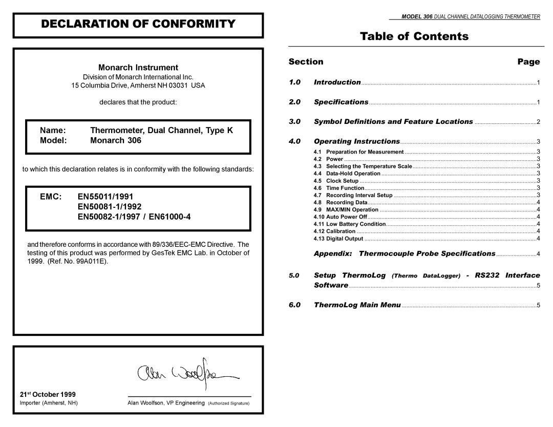 Monarch 306 instruction manual Declaration of Conformity, Table of Contents 