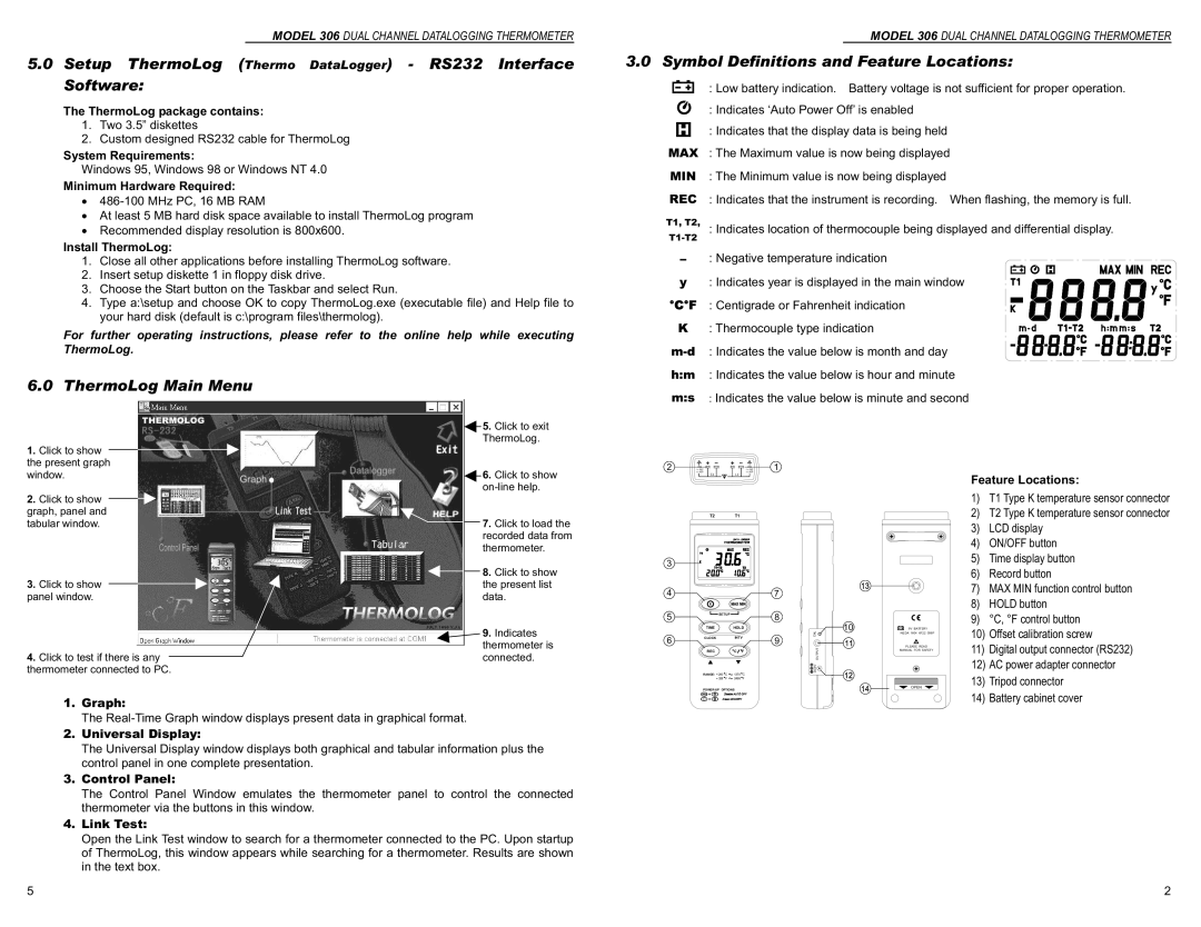 Monarch 306 instruction manual Setup ThermoLog Thermo DataLogger RS232 Interface Software, ThermoLog Main Menu 