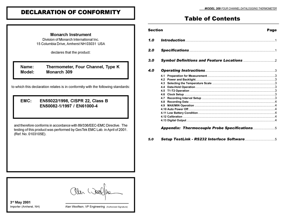 Monarch 309 instruction manual Declaration of Conformity, Table of Contents 