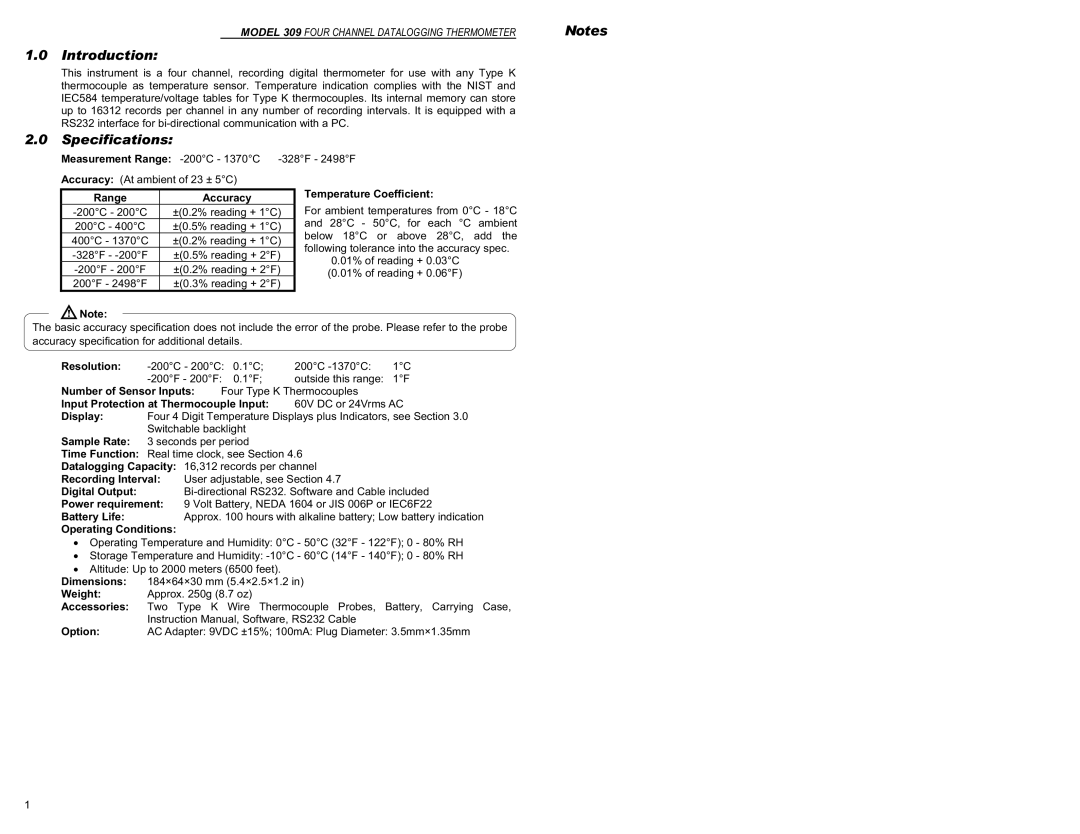 Monarch 309 instruction manual Introduction, Specifications 