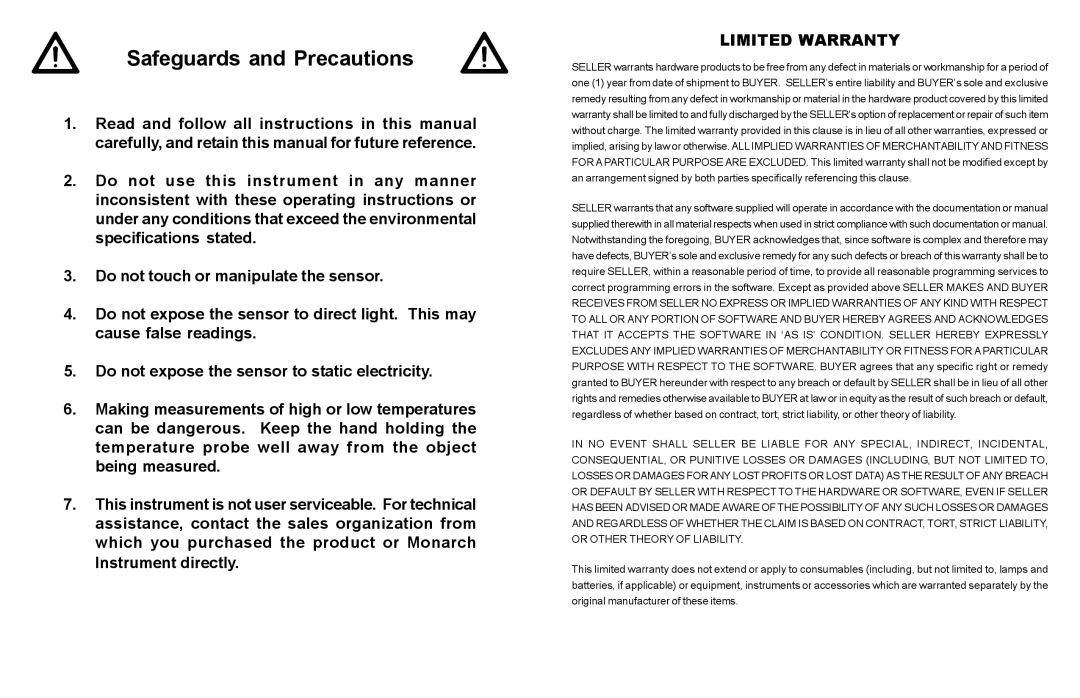 Monarch 315 instruction manual Safeguards and Precautions, Limited Warranty 