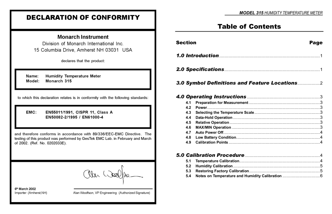 Monarch 315 instruction manual Declaration of Conformity, Table of Contents 