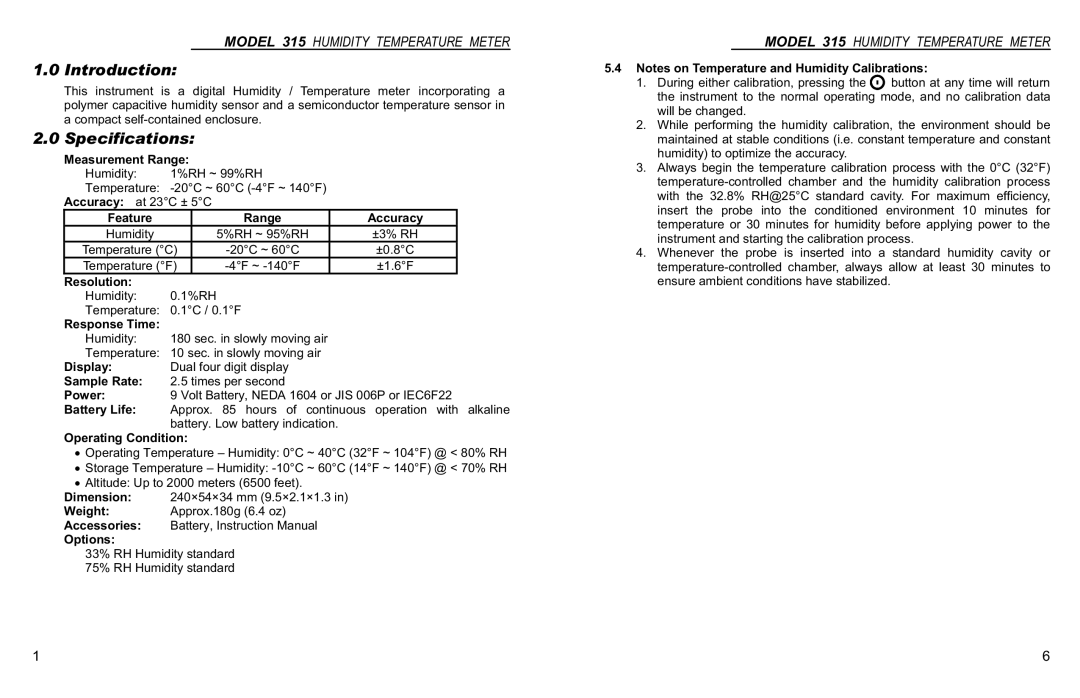 Monarch 315 instruction manual Introduction, Specifications 