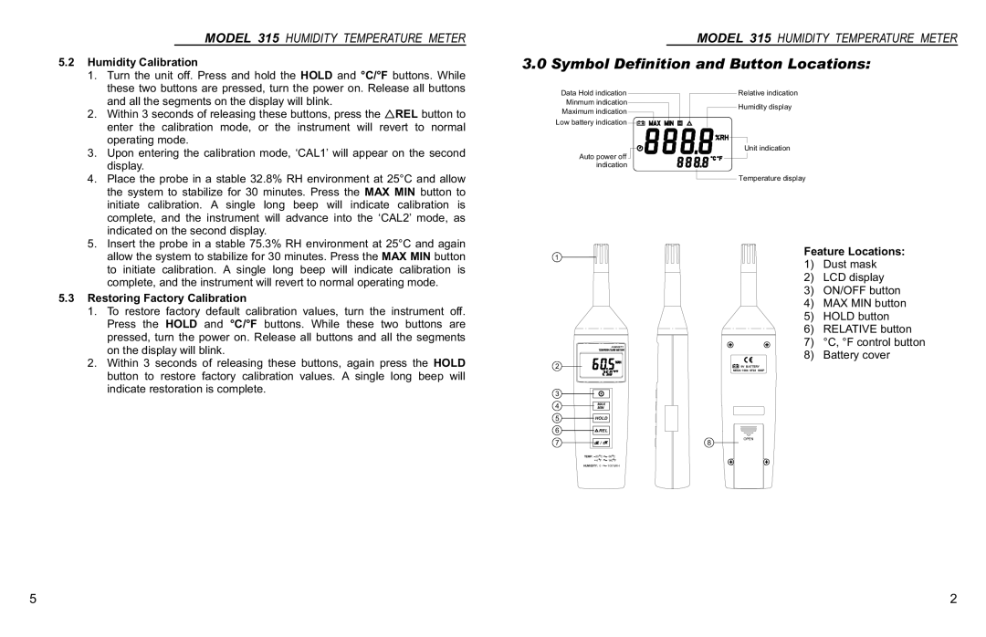 Monarch 315 Symbol Definition and Button Locations, Humidity Calibration, Restoring Factory Calibration, Feature Locations 