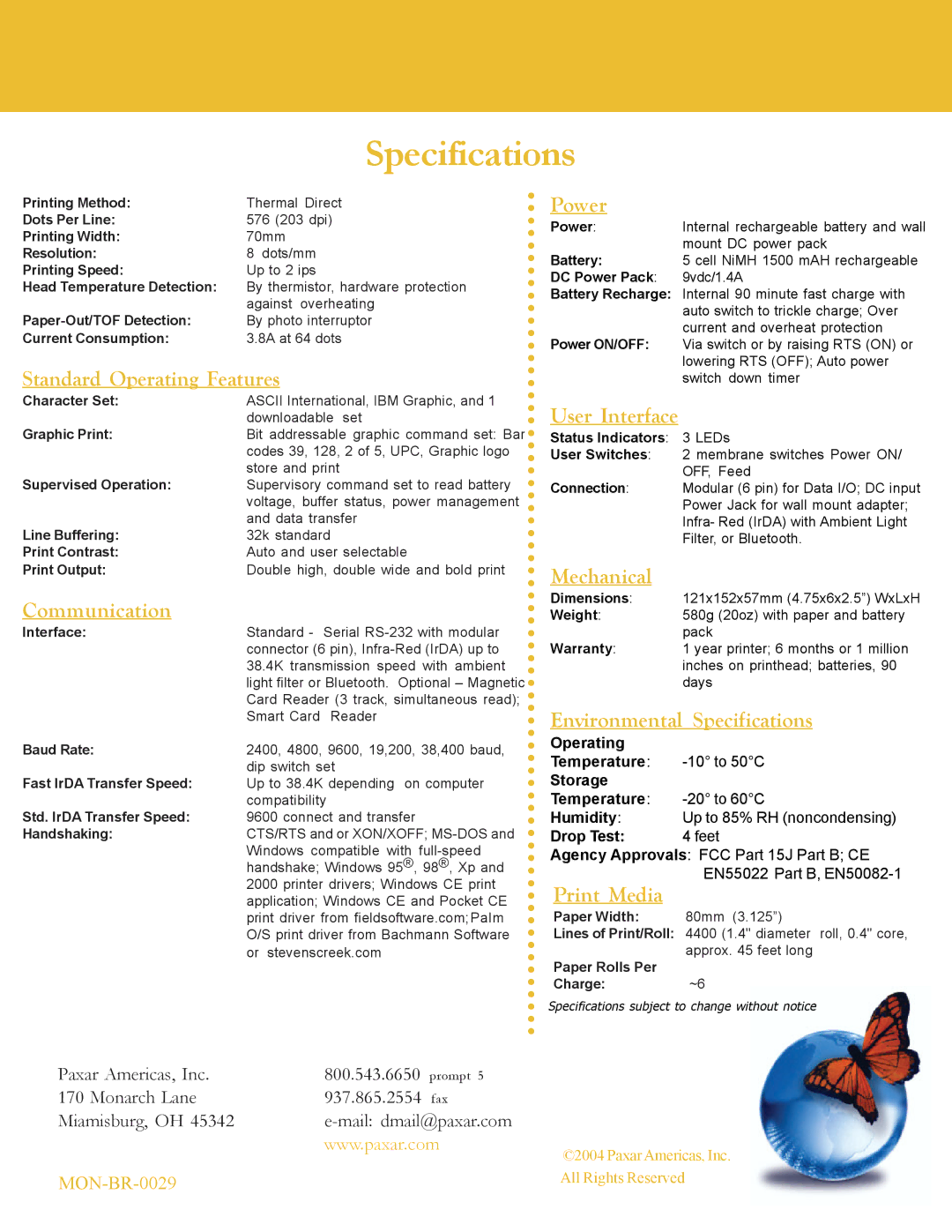 Monarch 3R 9430 Standard Operating Features, Communication, Power, User Interface, Mechanical, Specifications, Print Media 