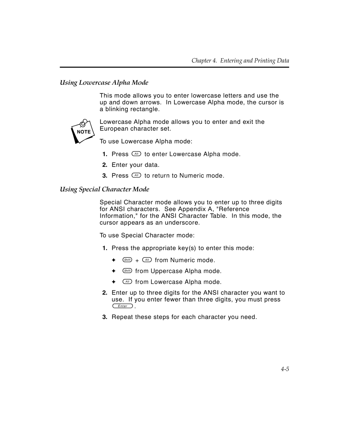 Monarch 6030TM manual Using Lowercase Alpha Mode, Using Special Character Mode 