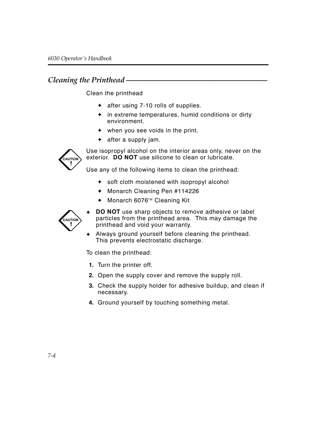 Monarch 6030TM manual Cleaning the Printhead 