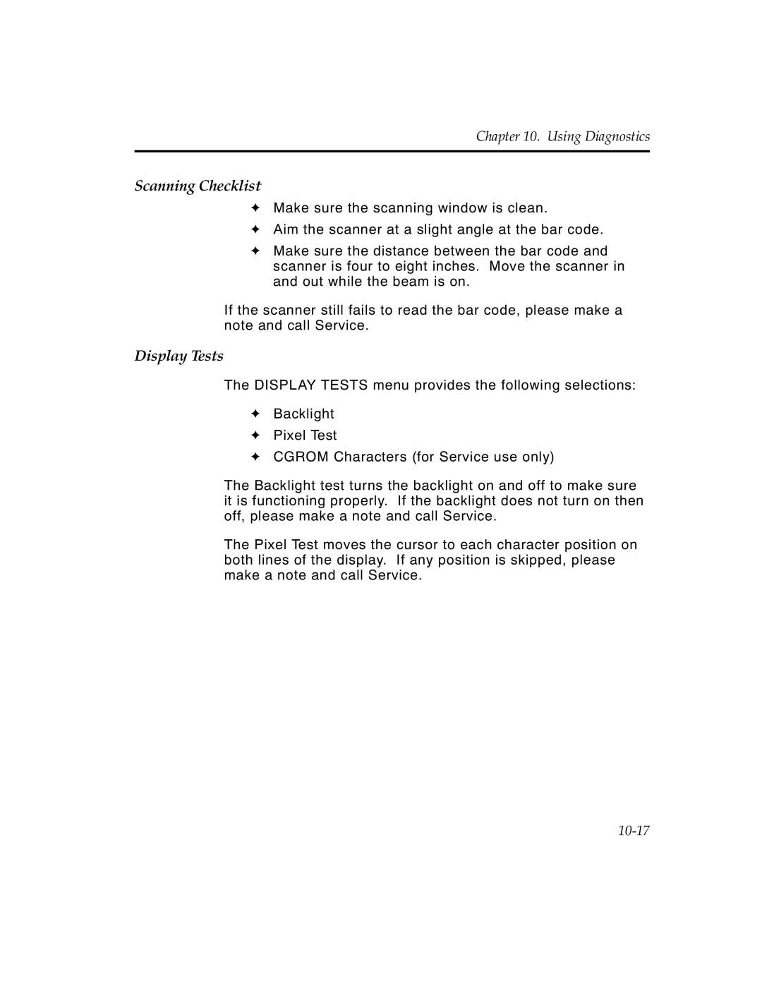 Monarch 6030TM manual Scanning Checklist, Display Tests 