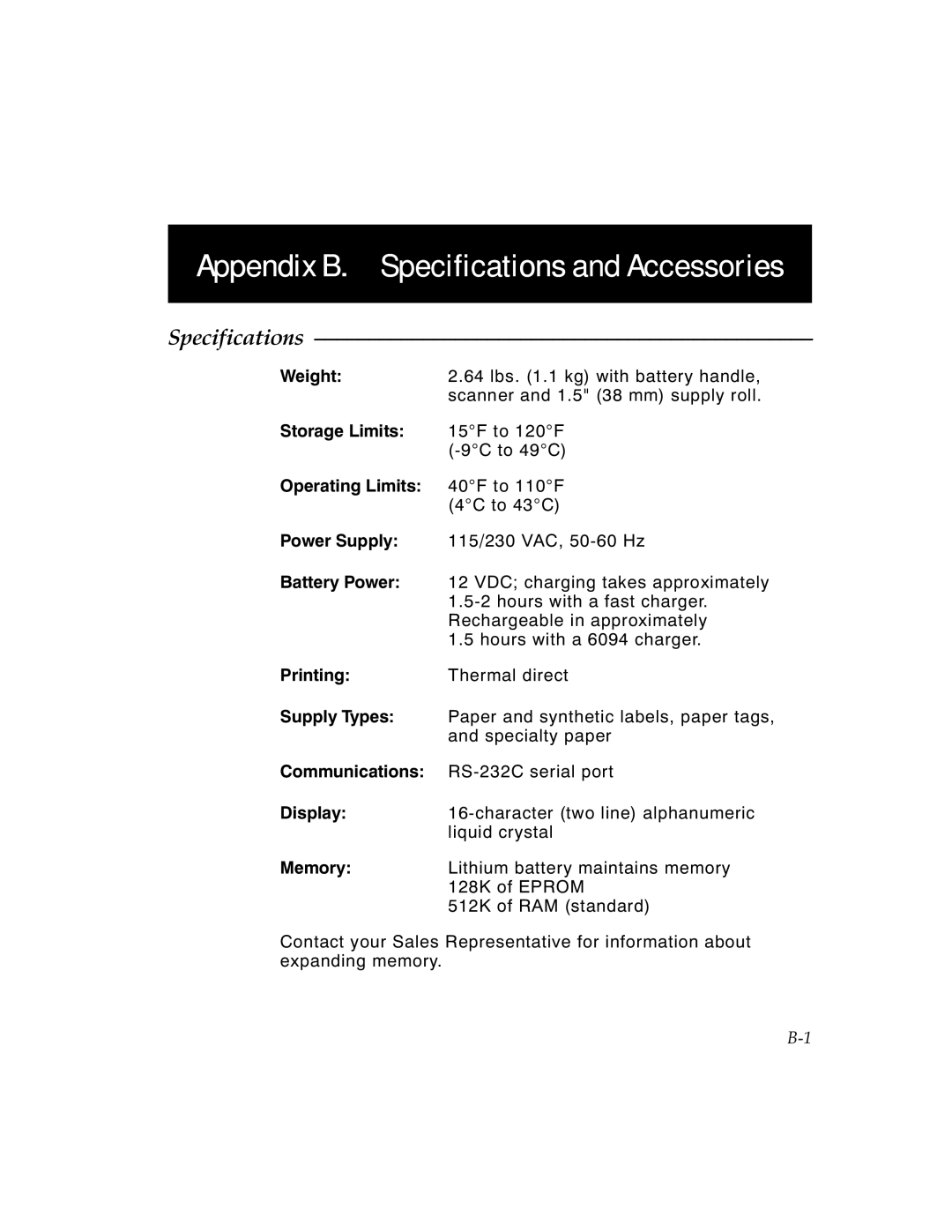 Monarch 6030TM manual Appendix B. Specifications and Accessories 