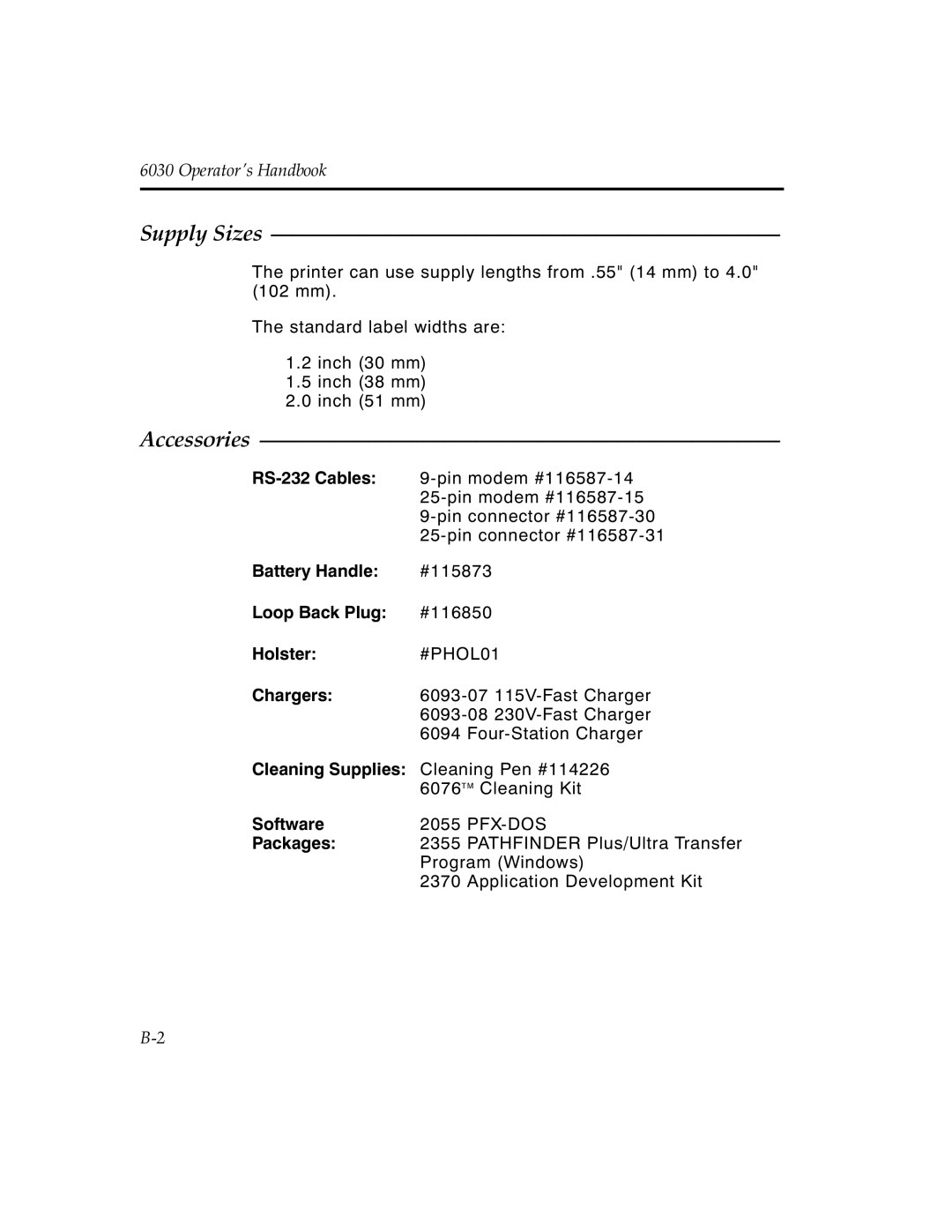 Monarch 6030TM manual Supply Sizes, Accessories 