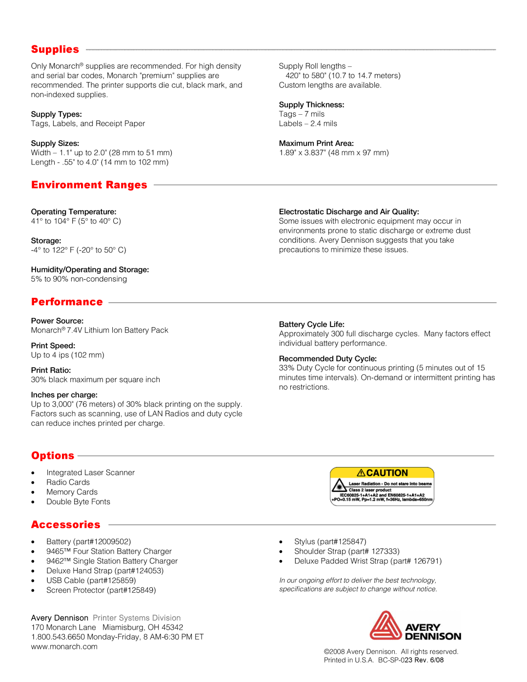 Monarch 6039 dimensions Supplies, Environment Ranges, Performance, Options, Accessories 